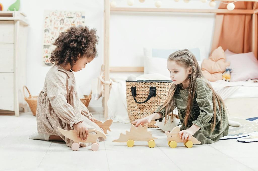 Two young children playing together with wooden toys in a bright, cozy playroom.